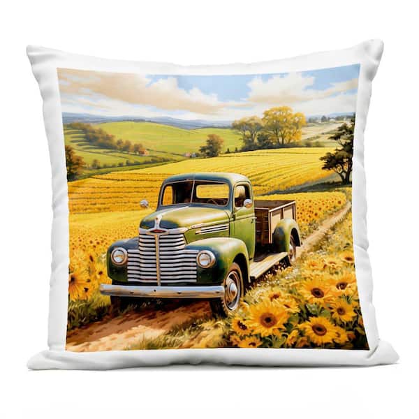 Truck Through Sunflower Field Yellow Square Outdoor Throw Pillow