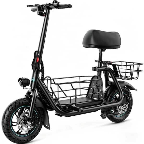 2-Wheel Electric Scooter with Seat for Adults in Black, with 550W Motor, Adjustable Seat and Storage Basket