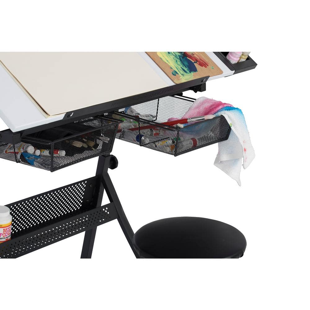 Adjustable White Metal Drafting Table with Storage Drawers