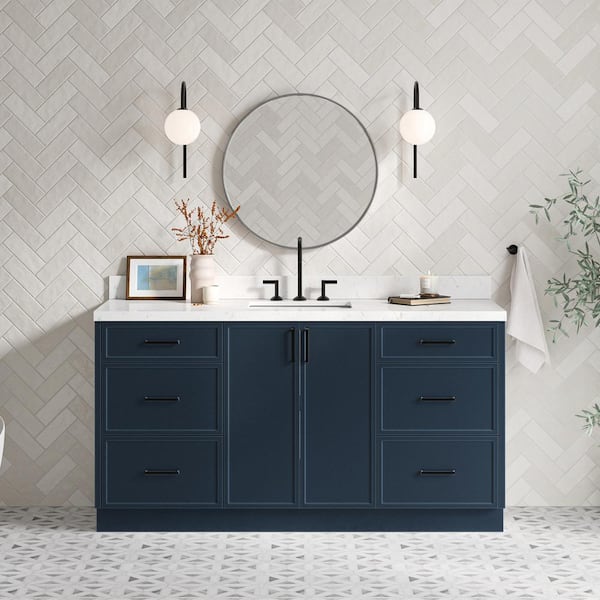 ARIEL Kelly 66 in. W x 22 in. D x 36 in. H Single Bath Vanity in Midnight Blue with Carrara White Quartz Top