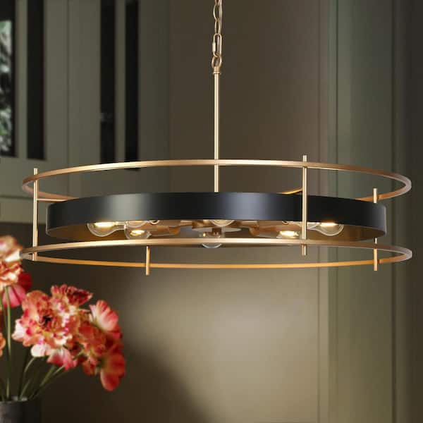 Modern Industrial 31.6 in. W 8-Light Black Round Chandelier, Gold Drum Hanging Pendant Light Living Room, Dining Room