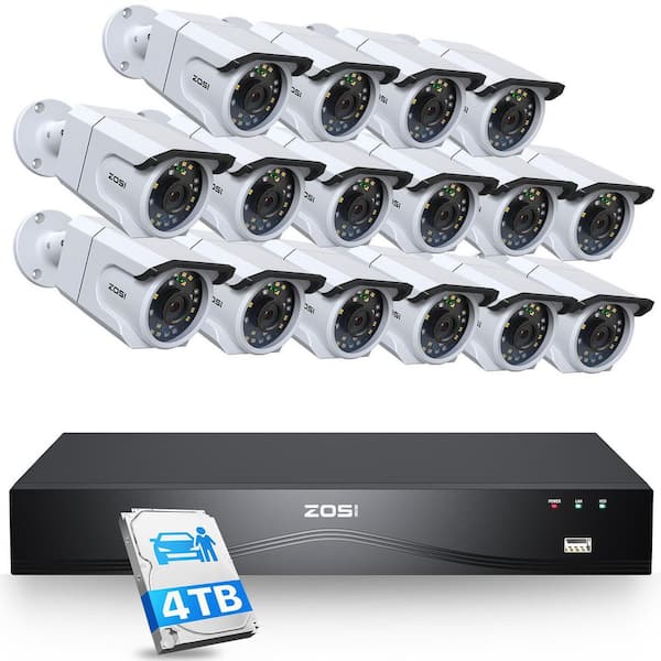 4K 8MP 16-Channel 4TB POE NVR Security Camera System with 16 Wired Outdoor Bullet Cameras, 32CH Expandable, White