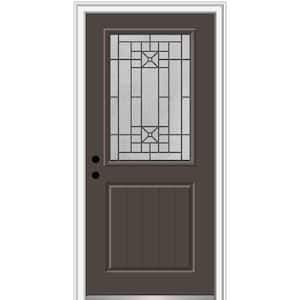 36 in. x 80 in. Courtyard Right-Hand 1/2-Lite Decorative Planked Painted Fiberglass Prehung Front Door, 6-9/16 in. Frame