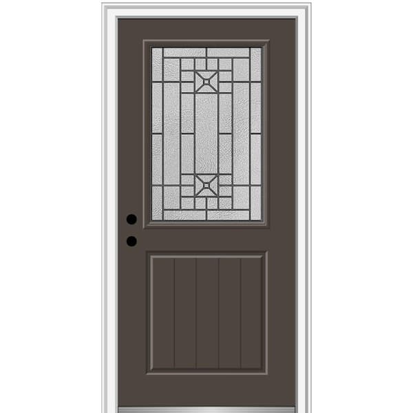 Courtyard 36 in. x 80 in. Right-Hand 1/2-Lite Decorative Brown Fiberglass Smooth Prehung Front Door on 6-9/16 in. Frame