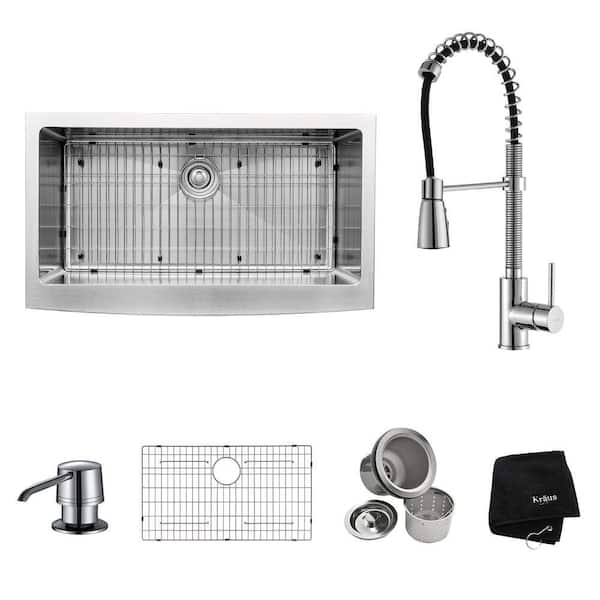KRAUS All-in-One Farmhouse/Apron Front Stainless Steel 36 in. Single Bowl Kitchen Sink with Faucet and Accessories in Chrome