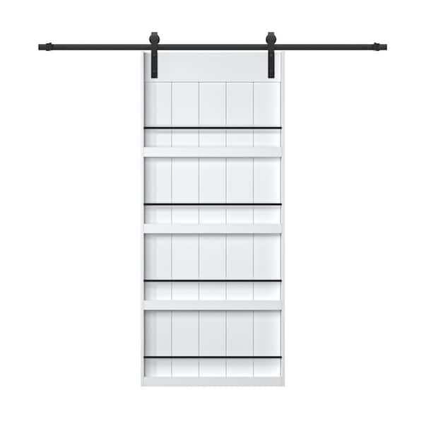 36 in. x 84 in. Easy Install White Primed Composite MDF Storage Style Shelves Sliding Barn Door with Hardware Kit