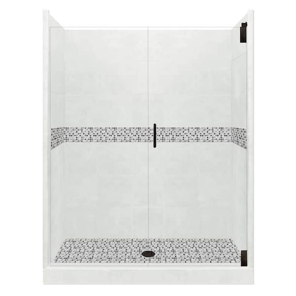 American Bath Factory Del Mar Grand Hinged 42 in. x 48 in. x 80 in. Center Drain Alcove Shower Kit in Natural Buff and Black Pipe Hardware