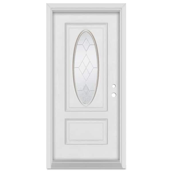 32 in. x 80 in. Geometric Left-Hand Zinc Finished Fiberglass Mahogany Woodgrain Prehung Front Door