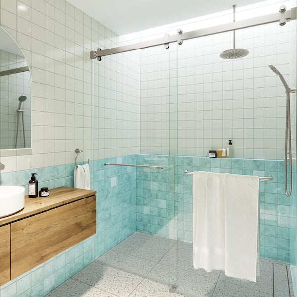 Glass Warehouse Polaris 60 in. W x 78 in. H Sliding Frameless Shower Door with Square Hardware in Brushed Nickel with Clear Glass