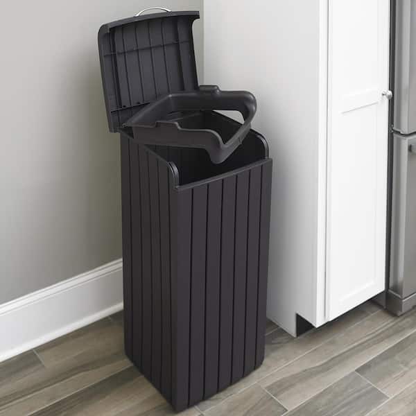 Keter Copenhagen Plastic Trash Can Waste Bin Touch Bar Wood Style 30 Gal Brown 
