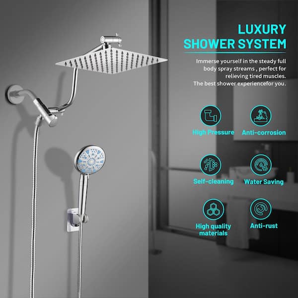 Rainfull 2-in-1 9-Spray Patterns Adjustable Fixed Shower Head with Filter 2.5 GPM and Handheld Shower Head in Chrome