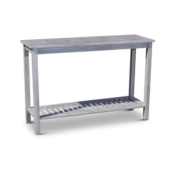Flynama 32 in. H Silver Grey Rectangle Wood Outdoor Side Table Living Eucalyptus Console Table with Shelves