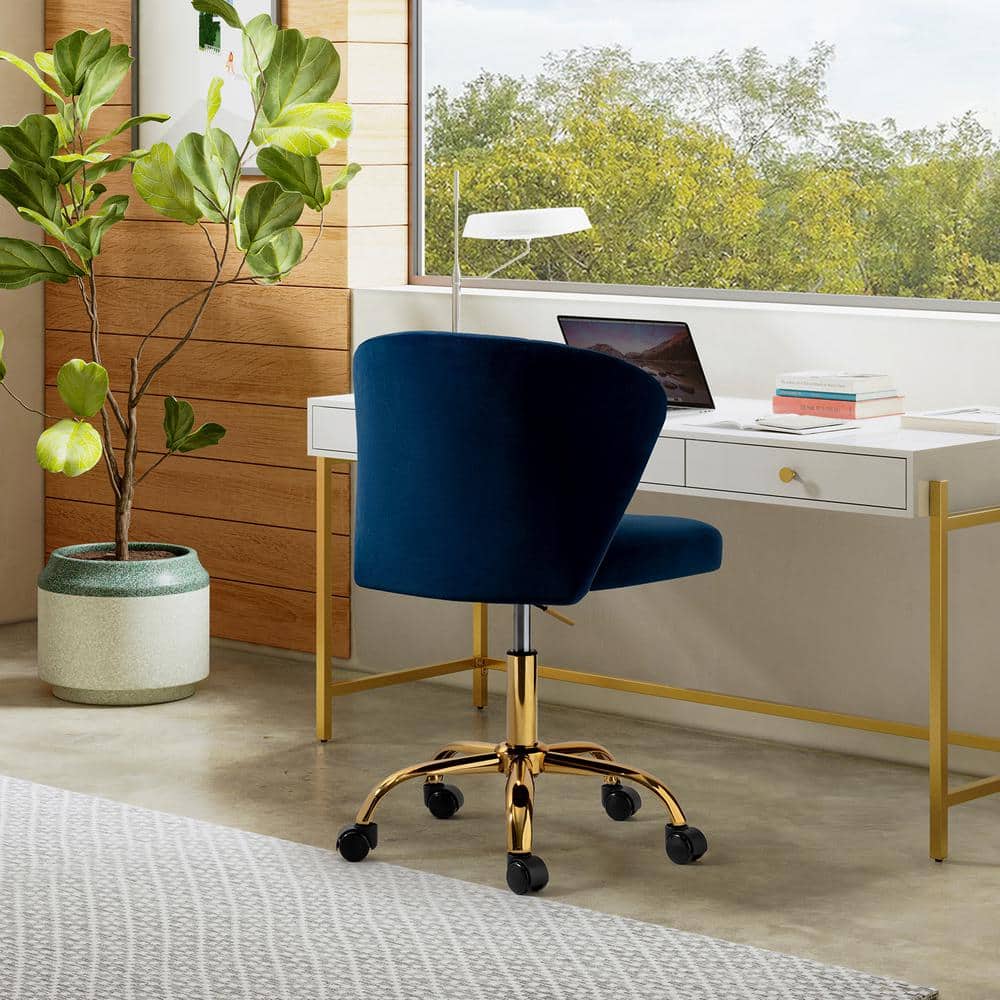Ergonomic Navy Velvet Armless Task Chair with Gold Metal Base