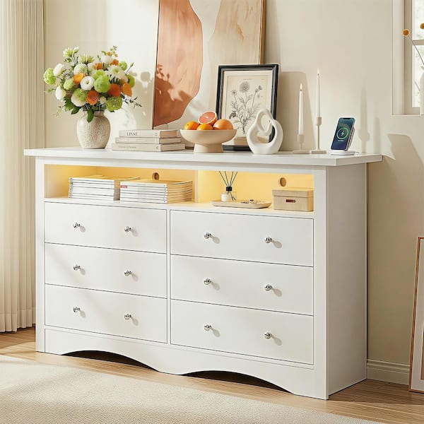 6 Drawer Dresser with LED Lights & Open Storage Shelf, White Dresser Chest of Drawers for Bedroom