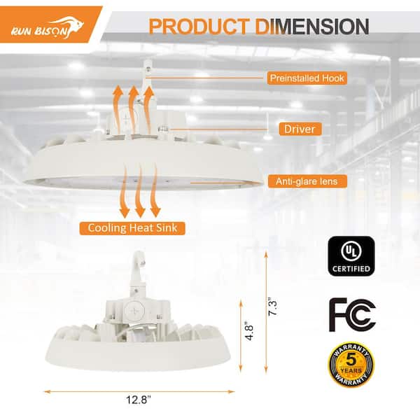 RUN BISON 12.8 in. Integrated LED UFO High Bay Light Fixture White Garage Light Up to 33600 Lumens 4000K/5000K, 0-10-Volt Dimmable
