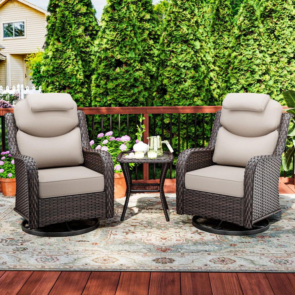 3-Piece Brown Wicker Outdoor Rocking Chair Set with Smiley Beige Cushions, Removable Headrest Pillow and Side Table price history on PriceWatchPro