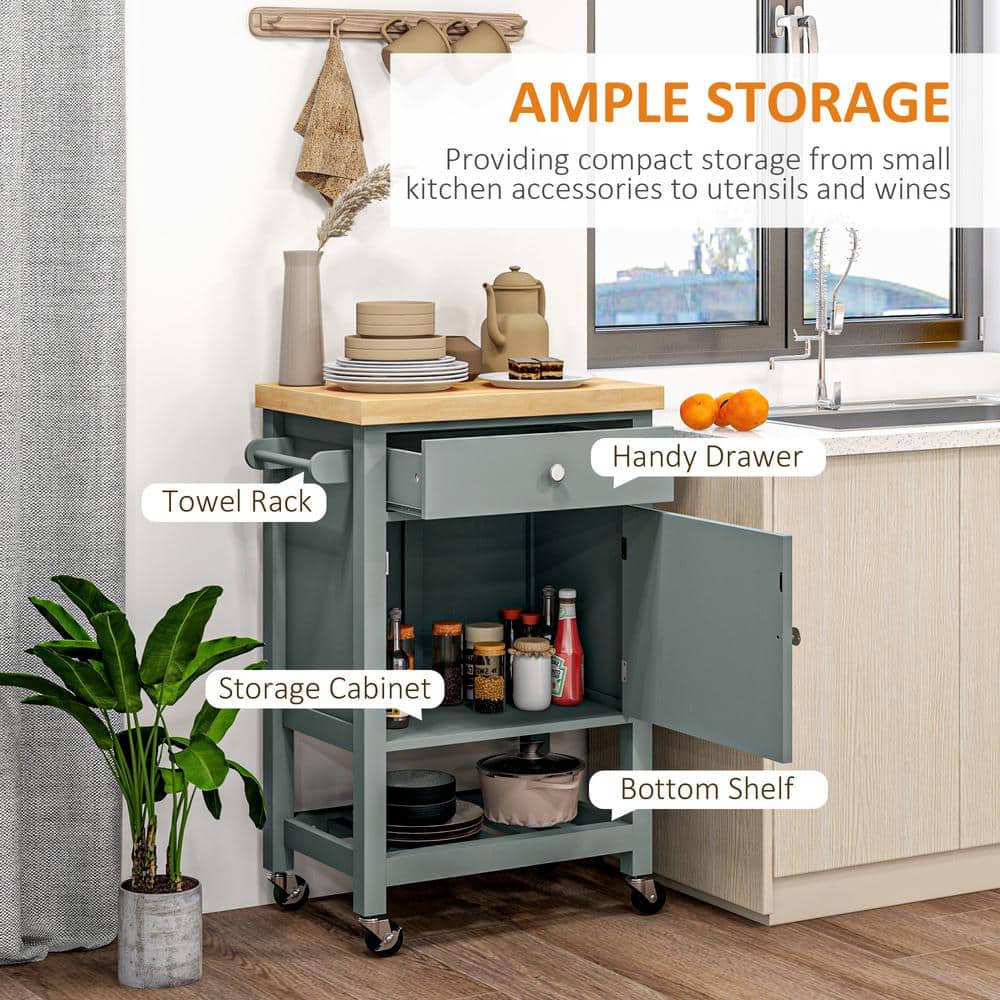 Gray Wood Rolling Kitchen Cart with Butcher Block Top and Storage