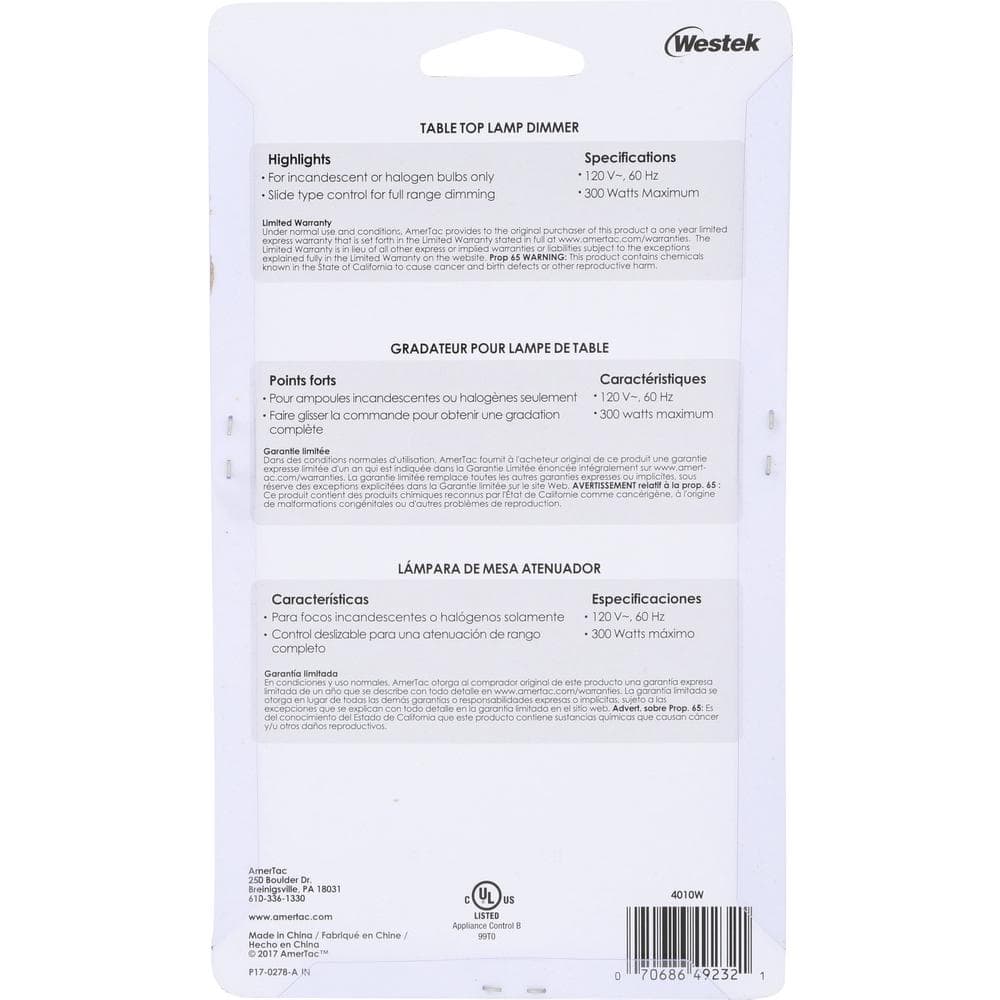 White Gloss Tabletop Lamp Dimmer with Slide Control