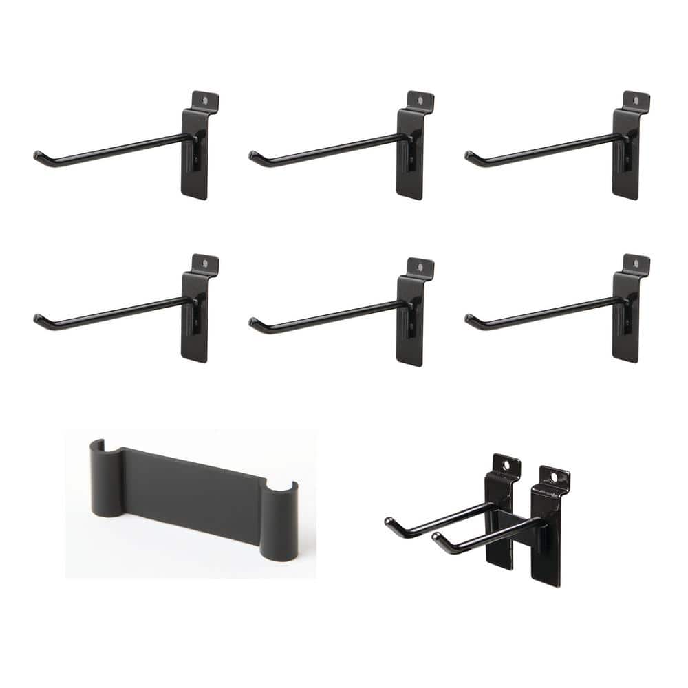 Jifram Extrusions 01100690 Easy Living Easy Wall Bag of Six 6 in. 45 Degree Black Metal Slatwall Hooks with Stabalizer & Double Hook Clips