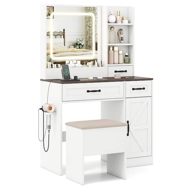 Vanity Desk Farmhouse 3 Color LED Mirror 2 AC 2 USB 35.5 x 16 in. 3 Drawers Cabinet Glass Top Storage Stool