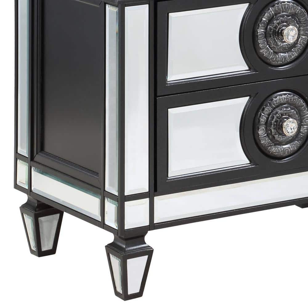 Elegant Black and Silver 3-Drawer Nightstand with Crystal Knobs