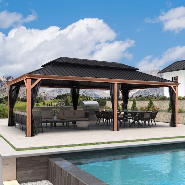 PURPLE LEAF 14 ft. x 24 ft. Wood Grain Aluminum Power-Coated Frame Galvanized Steel Double Roof Hardtop Gazebo Hooks Upgrade Netting