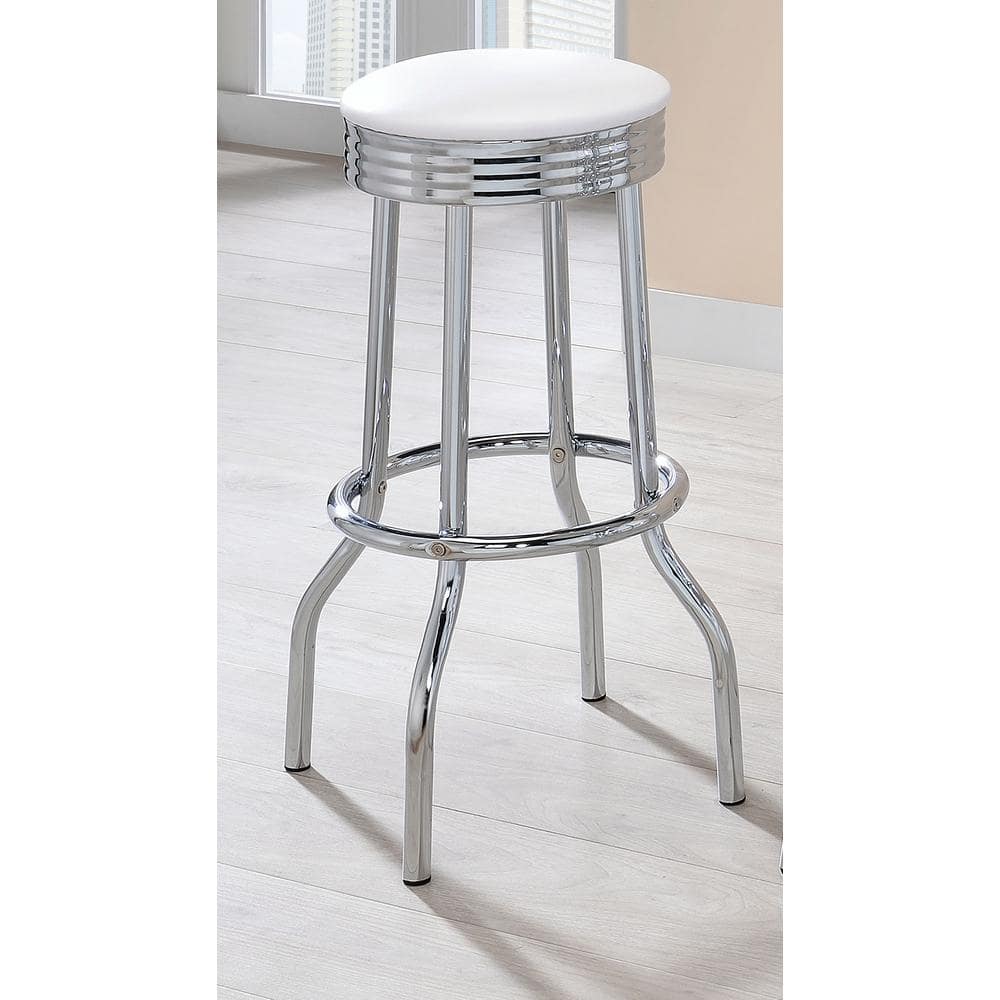 White Faux Leather and Chrome Swivel Bar Stool Set