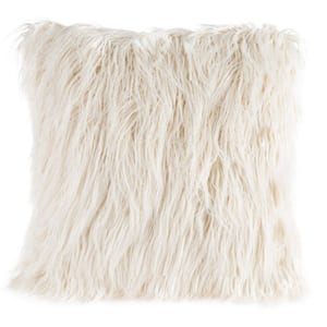 Ivory 22 in. W x 22 in. L Square Faux Mongolian Fur Throw Pillow