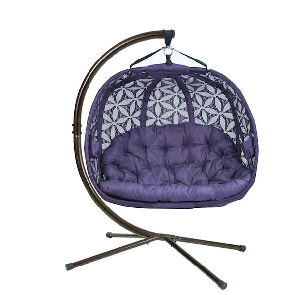 FlowerHouse 5.5 ft. x 4 ft. Free Standing Hanging Cushion Pumpkin Chair Hammock with Stand in Purple Flower of Life