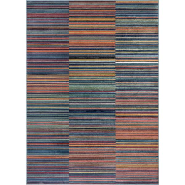 Well Woven Tulsa2 Nampa Blue Red 3 ft. 11 in. x 5 ft. 3 in. Tribal Stripes Geometric Pattern Distressed Area Rug