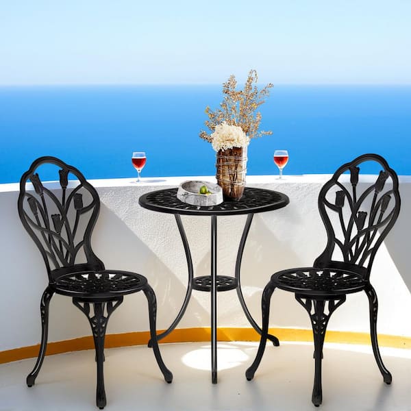 Tulip Design Black 3-Piece Cast Aluminum Outdoor Bistro Set, Rust-Resistant Bistro Chairs and Table with Umbrella Hole