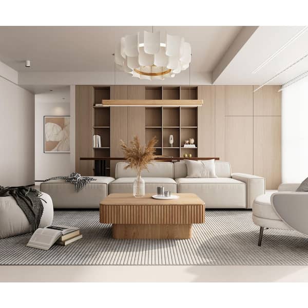 Leigh 38.6 in. Brown Rectangle MDF Wood Lift Top Coffee Table with Curved Corners, Hidden Storage, Fluted Panel, Natural
