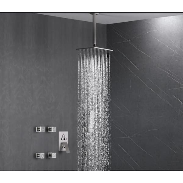 Luxury Single Handle 2-Spray Shower Faucet 1.8 GPM with Push Button Diverter and 4-Mode Body Jets in Brushed Nickel