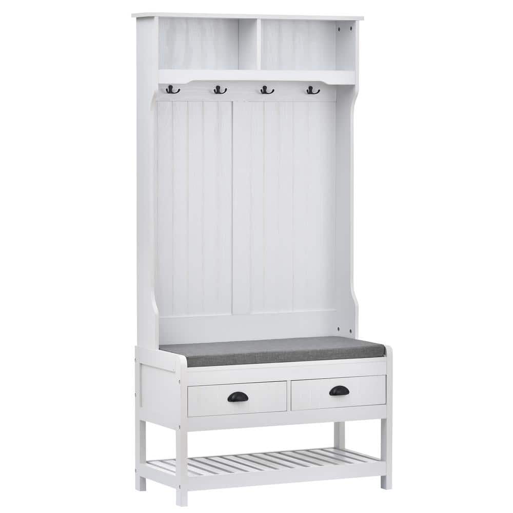 Angel Sar White Hall Tree with 4 Hooks and Upholstered Storage Bench ...