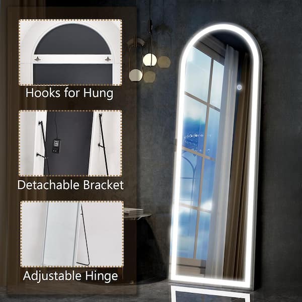 XRAMFY 20 in. W x 63 in. H LED Light Arched White Aluminum Alloy Framed Rounded Full Length Mirror Floor Mirror LEDACRC2164-BK