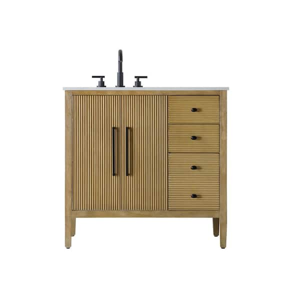 36 in. Single Sink Linen Oak Bath Vanity with White Engineered Marble Top