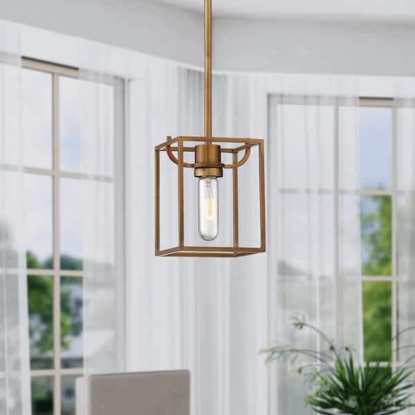 Uptown 60-Watt 1-Light Old Satin Brass Mini-Pendant with Cage Shade