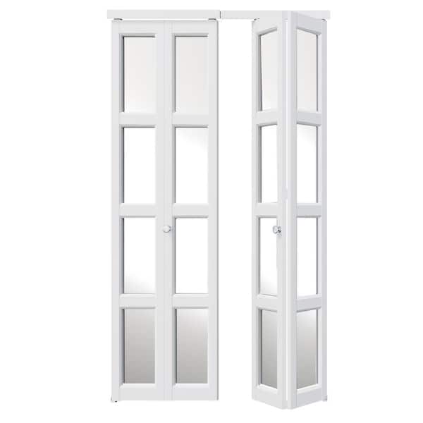 TENONER 60 in. x 80 in. 4-Lite, Mirrored Glass, Solid Core, MDF, PVC Covering Bi-Fold Door with Hardware Kits