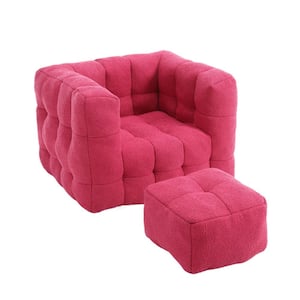 Modern Red Boucle Square Bean Bag Accent Chair with Ottoman