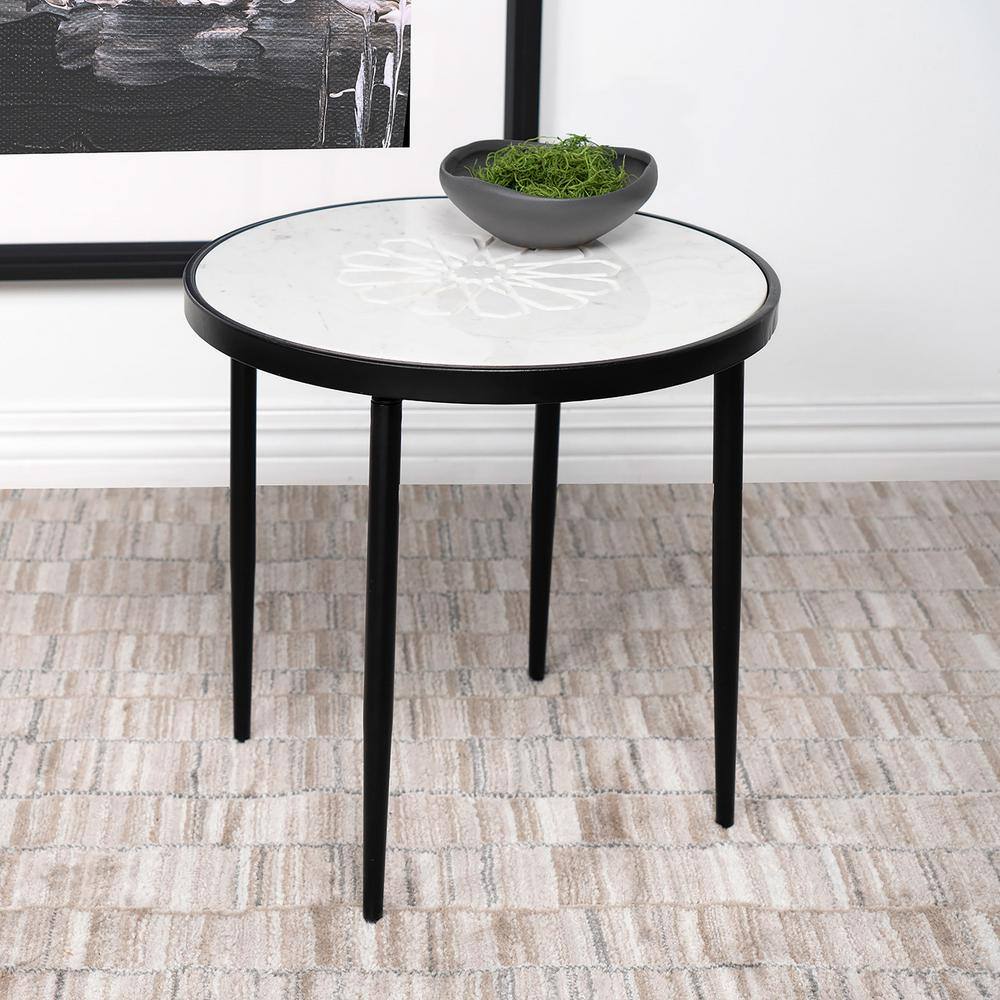 Round White Marble and Black Iron Side Table