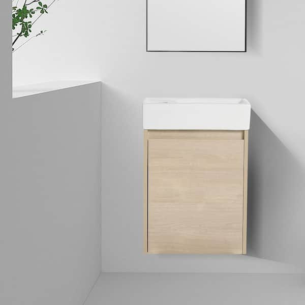 UPIKER 16.1 in. W x 8.9 in. D x 22.8 in . H Wall Mounted Bathroom Vanity in Plain Light Oak with White Ceramic Sink Top