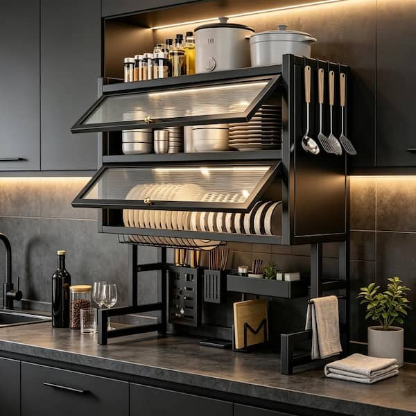 Over the Sink Dish Rack, Adjustable Carbon Steel Kitchen Sink Storage Rack w/ Utensil Rack, Cutting Board Rack in Black