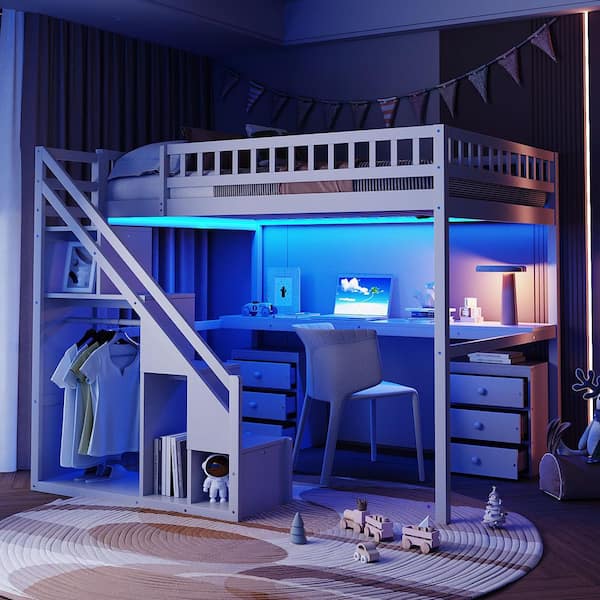 Harper & Bright Designs White Full Size Wood Loft Bed with Storage