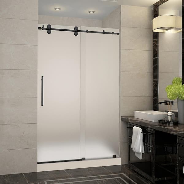 Aston Langham 48 in. x 36 in. x 77.5 in. Frameless Sliding Shower Door with Frosted Glass in Oil Rubbed Bronze and Middle Base