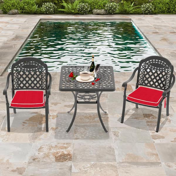 Runesay 3-Piece Set of Cast Aluminum Patio Outdoor Dining Set with Random Colors Cushions and Black Frame