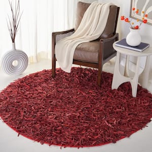 Leather Shag Red 4 ft. x 4 ft. Round Solid Area Rug
