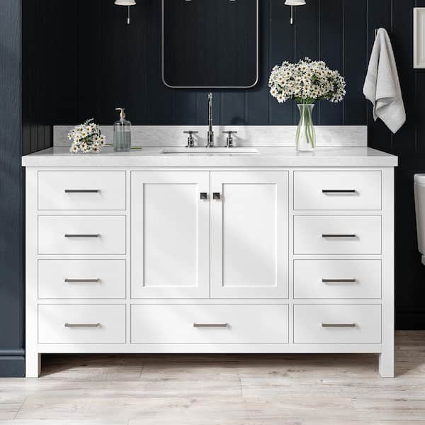ARIEL Cambridge 61 in. W x 22 in. D x 36 in. H Bath Vanity in White with Carrara White Marble Top