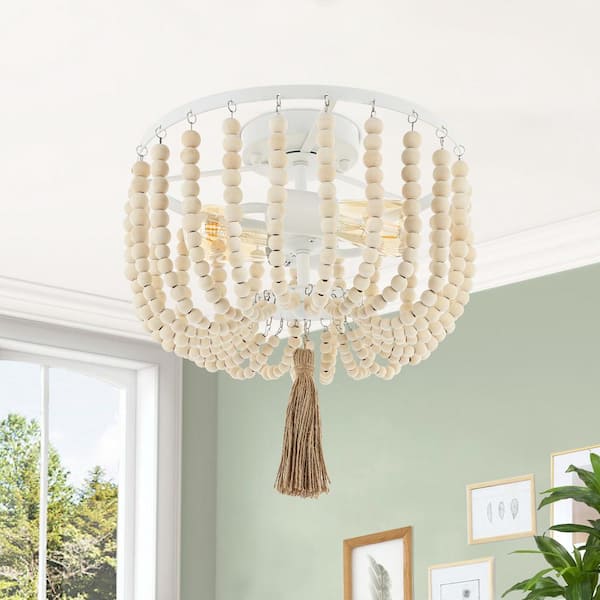 13 in. 2-Light White Flush Mount with Wood Beaded Shade