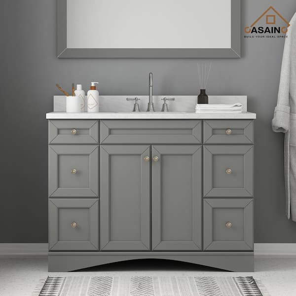 CASAINC 48 in. W x 22 in. D x 35.4 in. H Single Sink Solid Wood Bath Vanity in Gray with White Natural Marble Top and Mirror