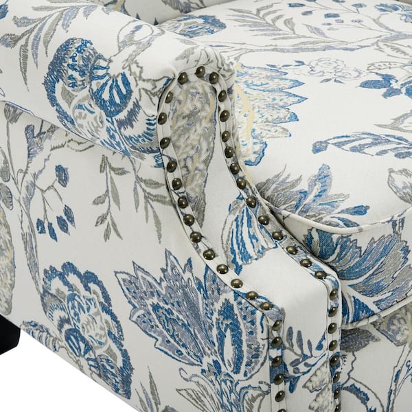 House on the Hill 1st Collection チューリップ柄 Uixe Retro Plants Blue Linen Nailhead Trim Upholstered High
